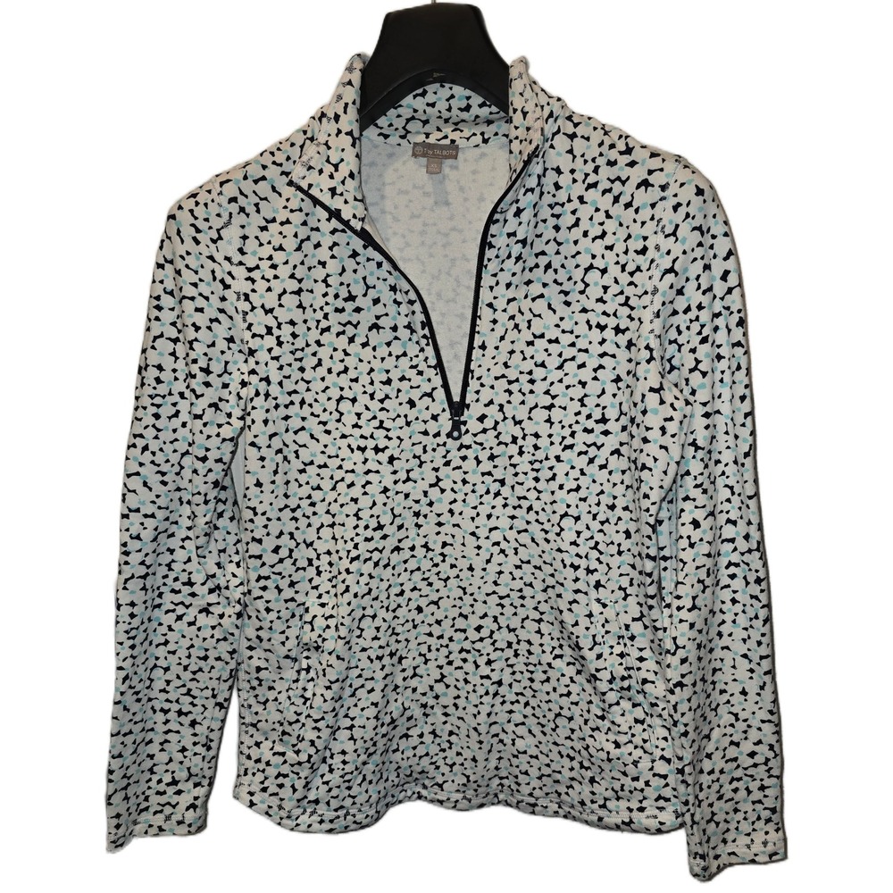 T by Talbots Womens XS Quarter Zip Pullover Top Blue Black Abstract Print Cotton